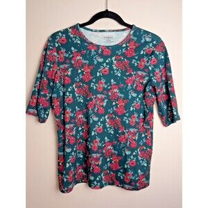 LL Bean Top Womens Size Small Green Pink Floral Supima Half Sleeve Casual Floral